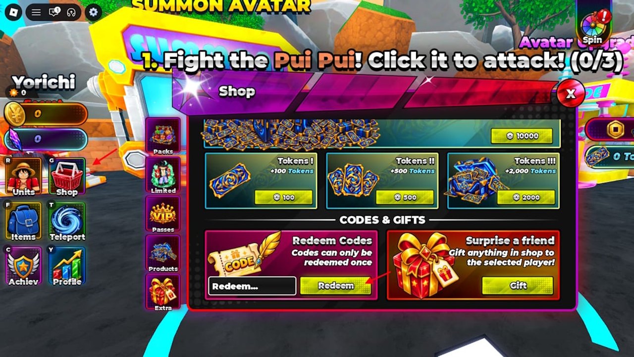 In-game Anime Avatar Fighting shop showing the Redeem Codes box, Extra tab, and left HUD